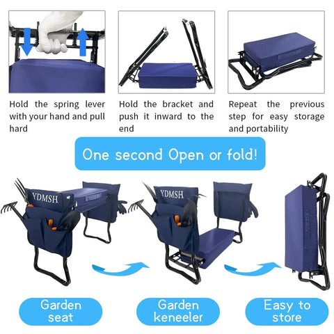 Collapsible heavy duty garden kneeler and seat with thick foam cushions, shown folding and unfolding for portable gardening use.