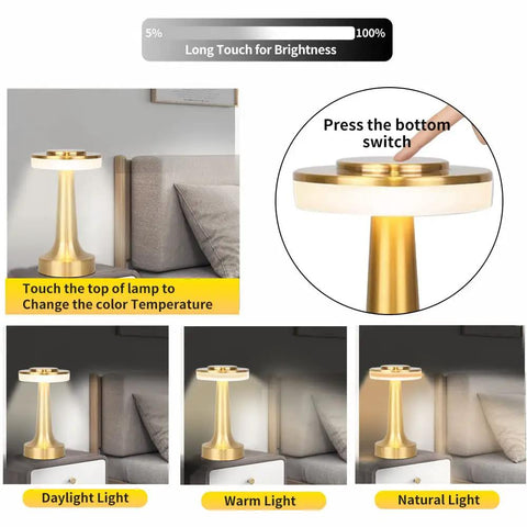Portable LED Table Lamp With 3-Level Brightness, Metal Desk Light With 3 Color Touch Control, Rechargeable Nightstand Lamp on table