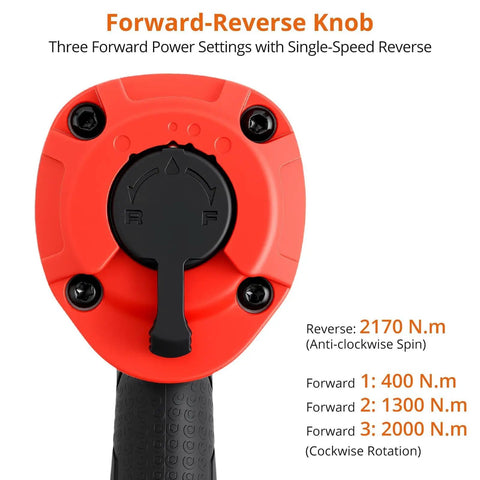 Forward-reverse knob featuring three power settings for the Heavy Half Inch Air Impact Wrench, showcasing torque levels.