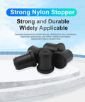 Black nylon stop plugs pile shown highlighting strong and durable characteristics on a light blue background.