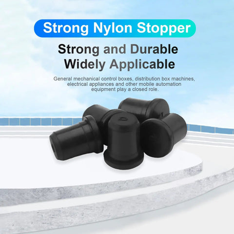 Black nylon stop plugs pile shown highlighting strong and durable characteristics on a light blue background.
