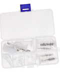 All In One DIY Eyeglass Repair Tools Kit With Nose Pad Screws And Maintenance Gear in a clear storage case with compartments