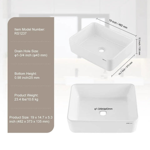 Kick Up Your Vanity Game With Solid White Rectangular Ceramic Vessel Sink, 19 By 14 Point 7 Inch Above Counter Basin, Modern Glossy Finish, Smooth Operator Glaze That Makes Cleanup Totally Stress Free