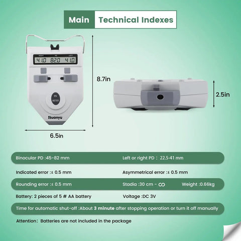 Digital PD Meter With Memory Function LCD Display For Eyes, Optical Pupilometer with dimensions and specifications on green background