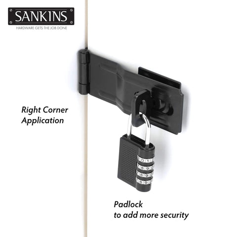 Four And A Half Inch Swivel Staple Safety Hasps With Twist Knob Gate Door Hasp Latches For Fence And Cabinet Black 2 Pack Durable Zinc Plated Stainless Iron Corrosion Resistant Rustproof installed with padlock