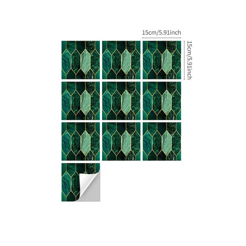Emerald Holographic Hexagon Peel And Stick Backsplash Tiles 5.9 inch square Art Deco self adhesive PVC wall tiles layout
