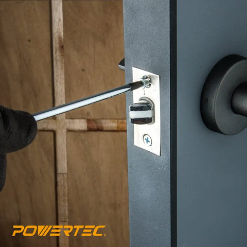 Installing a lock with a Size Six By Half Inch Wood Screw, Phillips flat head for wood and drywall.