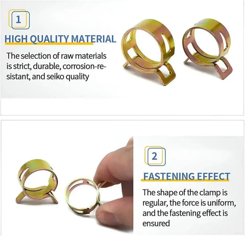 Rock Solid 300 Piece Manganese Steel Hose Clamps Kit With Stepless Design Ranging From 5 To 18 mm Featuring Low Pressure Air Suitability For Auto Pipes And Fastener Sorting Needs That Are Totally Awesome. manganese steel stepless hose clamps, 5-18 mm, shown in use