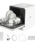 Smooth Operation Countertop Mini Dishwasher Featuring No Sweat Setup And Sweet Dual Spray Rotation Driven By High Heat Sanitizing Cycles Plus Rapid Air Dry Tech Built For Rented Homes And Compact Rooms That Are Straight Up Essentials with plates and glasses inside.