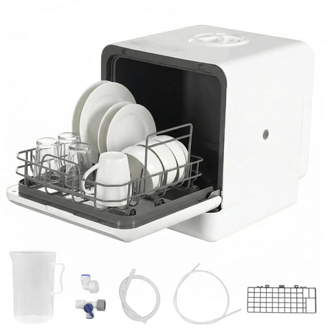 Smooth Operation Countertop Mini Dishwasher Featuring No Sweat Setup And Sweet Dual Spray Rotation Driven By High Heat Sanitizing Cycles Plus Rapid Air Dry Tech Built For Rented Homes And Compact Rooms That Are Straight Up Essentials with plates and glasses inside.
