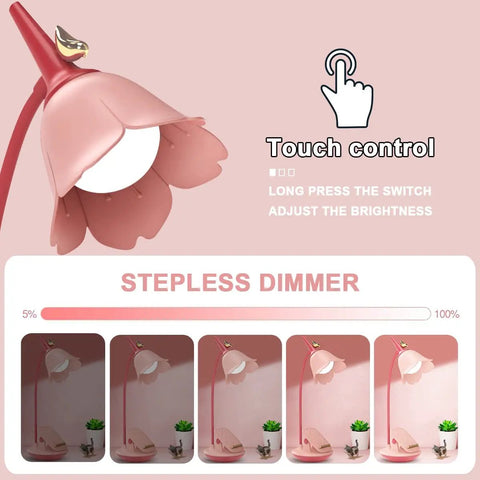 Pink Clip On Desk Lamp With Clamp, Rechargeable LED Light, Touch Control, Cute Flower Design, Dimmable Stepless Dimmer Chart