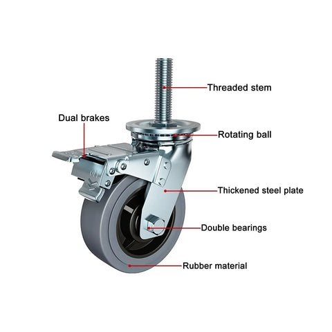Heavy Duty Rubber Swivel Casters Delivering A Smooth Silent Ride And Rock Solid Parking Brake M20 Threaded Stem detailed view with dual brakes and thickened steel plate.