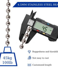 Digital caliper measuring 4.5mm stainless steel ball bead chain with weight indication for 50ft 304 durable roller shades and DIY projects.