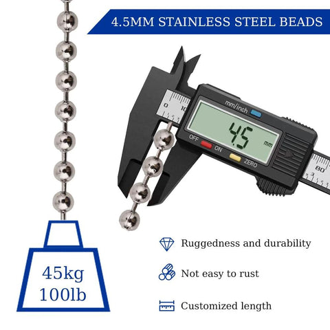 Digital caliper measuring 4.5mm stainless steel ball bead chain with weight indication for 50ft 304 durable roller shades and DIY projects.