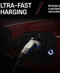 Level 2 EV Charger 240V 50A Hardwired For Home And Garage With SAE J1772 plugged into car port
