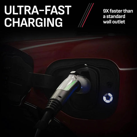 Level 2 EV Charger 240V 50A Hardwired For Home And Garage With SAE J1772 plugged into car port