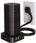 Heavy Duty Power Strip Tower Surge Protector With Sleek Low Profile Flat Plug Cord And 12 Spacious AC Outlets Plus 4 Dual Charge USB And Type C Ports, black