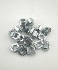 Twenty Pack Square Snap In Cage Nuts With 3 8 Inch Threading Heavy Zinc Coated Steel Hardware Built Tough For Server Racks And Network Panels, close-up view of secure cage nuts.