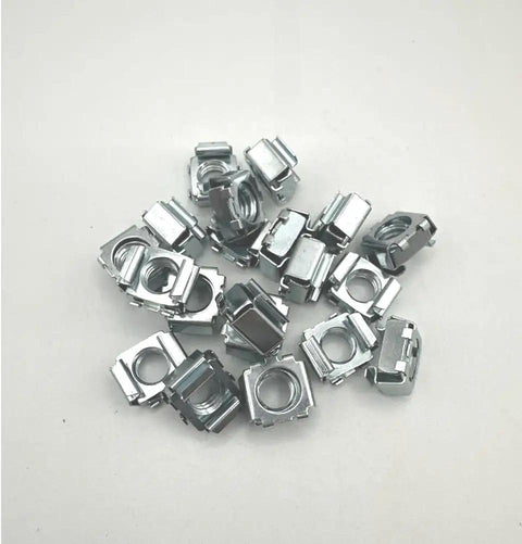Twenty Pack Square Snap In Cage Nuts With 3 8 Inch Threading Heavy Zinc Coated Steel Hardware Built Tough For Server Racks And Network Panels, close-up view of secure cage nuts.