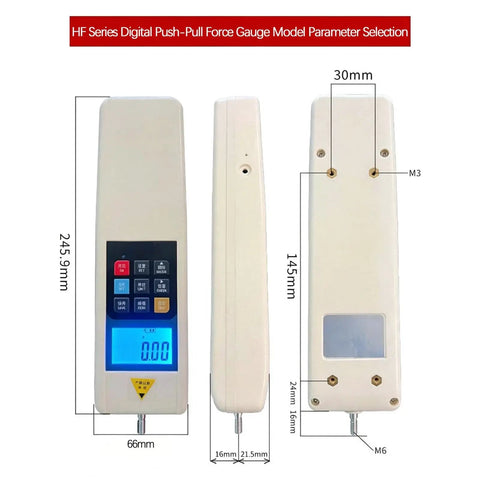 HF Series Digital Push-Pull Force Gauge, 245.9mm x 66mm body, front and side view for pull push testing