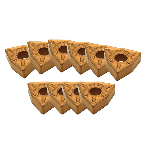 Ten gold carbide turning inserts (WNMG080408) with central holes, for external turning on steel.