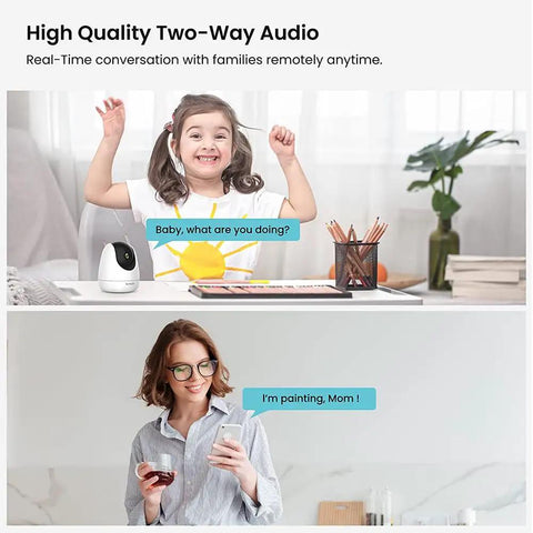 2K Indoor Wireless Pan Tilt Camera For Home Security And Baby Monitor And Pet Camera With Phone App shown in family use