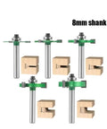 Green Z3 8mm Bearing Slot Router Bit With Three Carbide Teeth for Fast Cutting And Smooth Edging On Drawer Slides And Hardware Profiles, multiple bit angles.