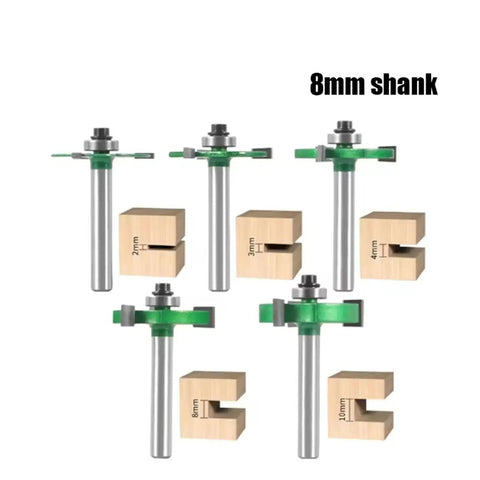 Green Z3 8mm Bearing Slot Router Bit With Three Carbide Teeth for Fast Cutting And Smooth Edging On Drawer Slides And Hardware Profiles, multiple bit angles.