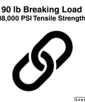 Illustration showing 90 lb breaking load and 38,000 PSI tensile strength for 17 Gauge Aluminum Wire For Electric Fencing, 250 Ft, 8 Pack.