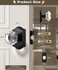 Vintage Octagon Crystal Glass Door Knobs 2 Pack Interior Privacy Lockset for Bedroom and Bath with Matte Black Arched Rosettes Durable Zinc Alloy Hardware, showing size specifications and installed view on door.