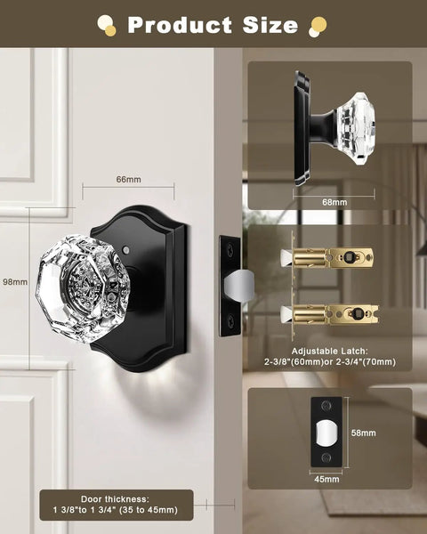 Matte Black Octagon Crystal Glass Door Knob Set 6 Pack Keyless Privacy Function for Bedroom and Bathroom with hardware details