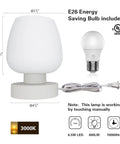 Set Of 2 Small Modern Touch Control Table Lamps For Bedroom And Living Room, 3 Way Dimmable Bedside Desk Lamps With White Opal Glass Shade, 2700K LED Bulbs, Simple Design, Cozy Nightstand Accent Lighting, dimensions and features displayed.