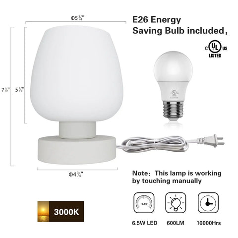 Set Of 2 Small Modern Touch Control Table Lamps For Bedroom And Living Room, 3 Way Dimmable Bedside Desk Lamps With White Opal Glass Shade, 2700K LED Bulbs, Simple Design, Cozy Nightstand Accent Lighting, dimensions and features displayed.