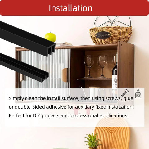 Installation of Sliding Door Track Kit For One Quarter Inch Thick Panels, U Channel Rubber For Sliding Cabinet And Closet Doors, Black, 4 Feet, PVC.