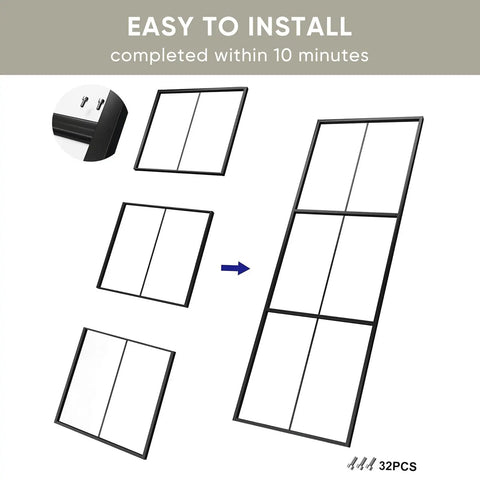Image showing assembly of Heavy Duty Three Panel Sliding Barn Door With Crisp Tempered Glass And Dark Aluminum Frame parts for easy installation.