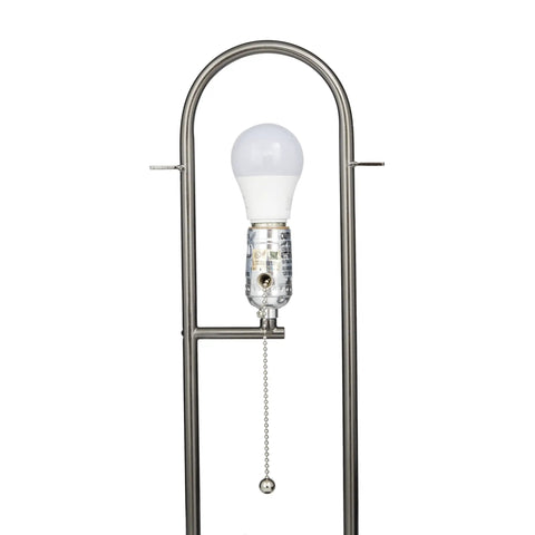 Oval Shaped Metal Table Lamp for Living Room, black iron base close-up with bulb, Modern Minimalist Accent Light