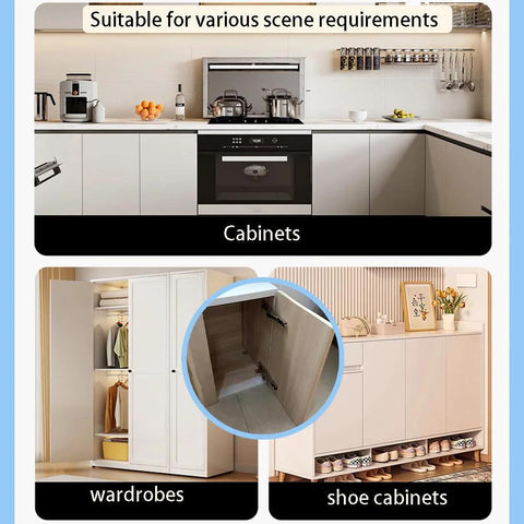 Image showing various uses of Sleek Invisible Concealed Hydraulic Buffer Cabinet Hinges For Effortless Quiet Closing And Space Saving Design, Built With Heavy Duty Rust Resistant Steel For Wardrobes And Various Doors, Includes A Handy Set Of Four Pieces For Easy Installation And Long in a kitchen cabinet, wardrobe, and shoe cabinet.
