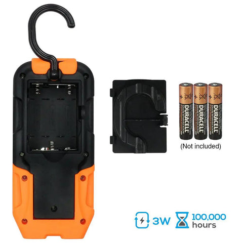 Back view of portable LED work light with magnetic base and hanging hook showing battery compartment, 3 AAA batteries beside light.