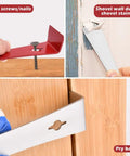 Stainless Steel Flat Pry Bar Set showing red and silver tools in use for nail pulling, scraping paint, and lifting wood panels.