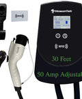 Level 2 Adjustable EV Wall Charger Station 220V With 12 To 50 Amp Modes, 30 Foot Cord, RFID, close-up of display and plug features