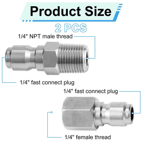 Two-pack stainless steel 1/4 in NPT fast-connect pressure washer fittings with male and female threads