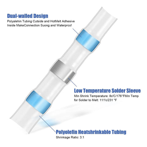 100 Pack Blue Waterproof Solder Seal Wire Connectors 16-14 AWG, Heat Shrink Butt Connectors With Double Wall Tubing and Hot Melt Adhesive