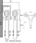 Diagram showing dimensions of Black Rustic U Shape Bypass Sliding Barn Door Hardware Kit For Double Doors 7.5 Foot Flat Track System.