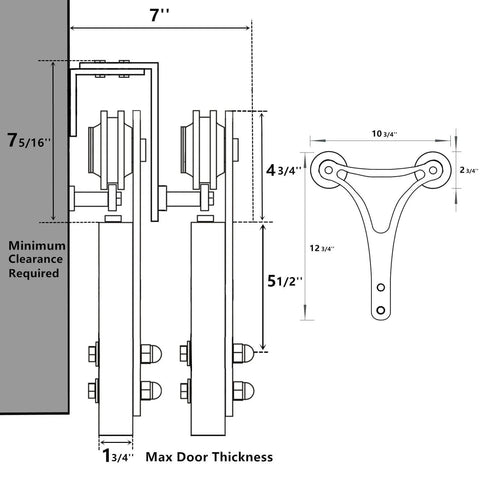 Diagram of Black Rustic Double Track U Shape Bypass Sliding Barn Door Hardware Kit For Two Doors Four And A Half Feet Long Flat Track With Horns Design Rollers Space Saving Industrial Farmhouse Vibe, showing measurements and installation details.