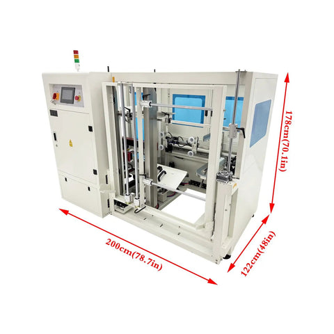 Automatic Carton Sealer And Tape Sealer 220V For Fast Box Packing, Handles 8 To 15 Boxes Per Minute, Fits Cartons 11 To 21.7 Inches Long And 6.7 To 19.7 Inches High, 20 Meters Per Minute Sealing Speed, Fully Auto With Smart Touchscreen. Large white automatic carton sealer with 200cm length and 178cm height