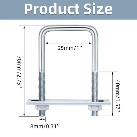 Heavy Duty Square U-Bolt Clamp Kit For Trailers, 4 Sets, 25Mm Inner Width, 70Mm Length, Zinc Plated Carbon Steel M8 shown with size