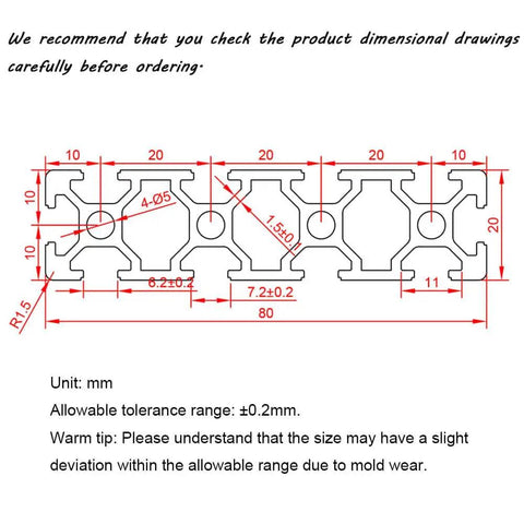 Technical drawing of Two Pack 20 Series Aluminum Extrusion Profile 23.6 Inch Long T Slot 2080 with measurements.