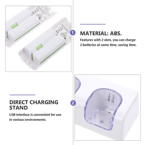 Dual Slot Game Controller Charger Station with Rechargeable Batteries USB Cable Included ABS Plastic Dock shown in detail
