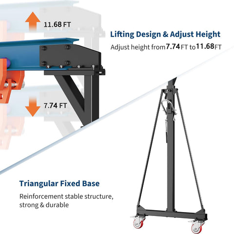 Diagram showing Portable 2 Ton Gantry Crane with Manual Trolley, 8-12 Ft Adjustable Height, highlighting adjustable height and triangular base.