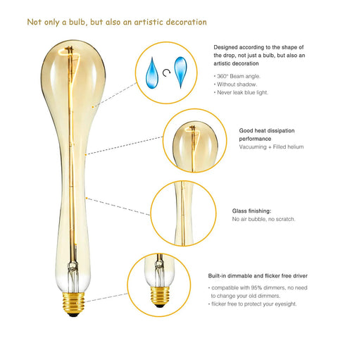 Oversized Edison Style Light Bulbs With E26 Base Amber Glass 4W Warm White 2200K Dimmable LED Filament Bulbs, artistic decor